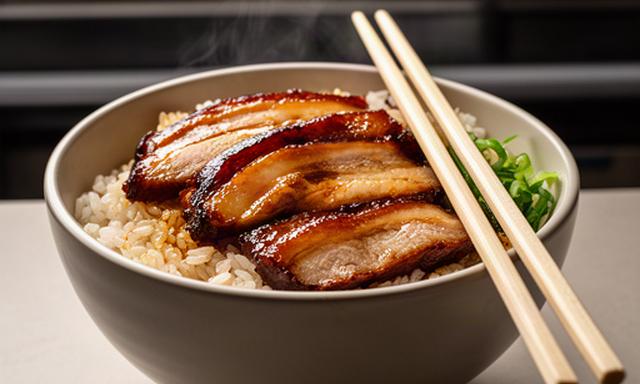 球場の売店で提供される照りのあるチャーシュー丼と箸