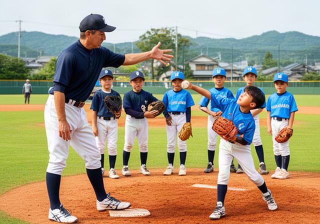 常総市の屋外グラウンドで少年野球選手に投球フォームを指導するコーチ