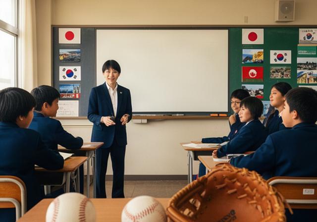 茨城県内の学校で日本と韓国の野球文化を紹介する交流授業の風景