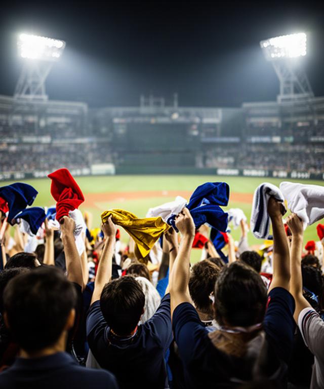 日韓交流試合の夜にチームカラーのタオルを掲げる観客席