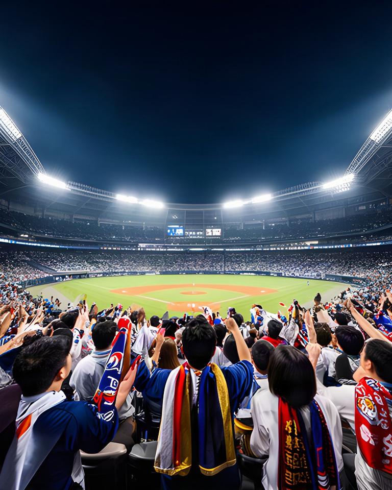 日韓交流試合で応援席から球場を見渡す観客と照明
