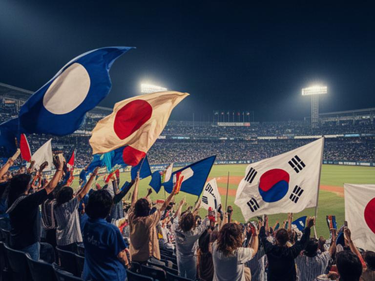 日本と韓国のファンが夜の野球場スタンドで応援旗を掲げている様子