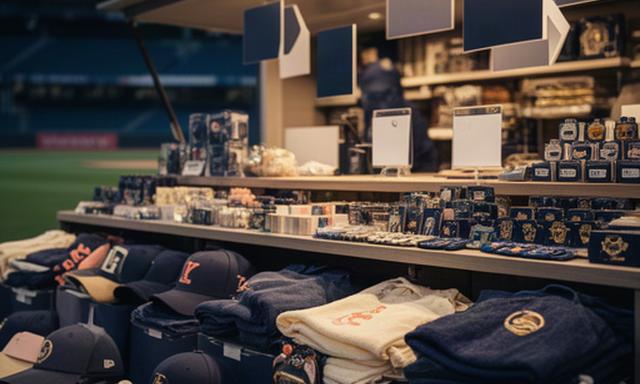 試合会場の売店に並ぶ球場限定グッズと案内札