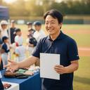 地域イベントの受付で野球教室の案内をするくぼ靖光さん